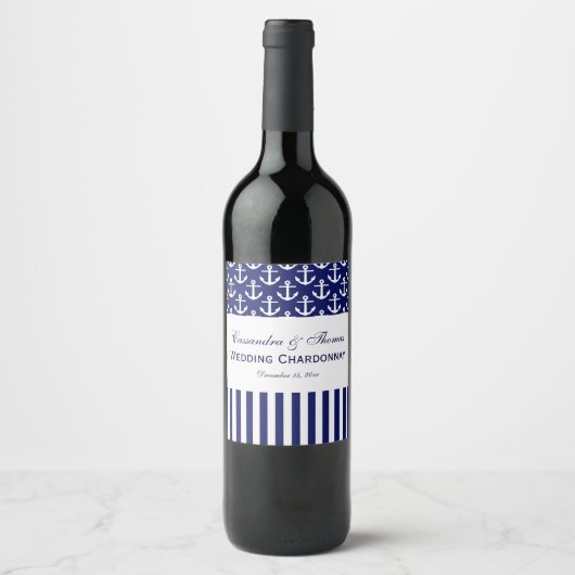 DIY BG Navy White Anchor Stripe Party Wijn Etiket (Voorkant)