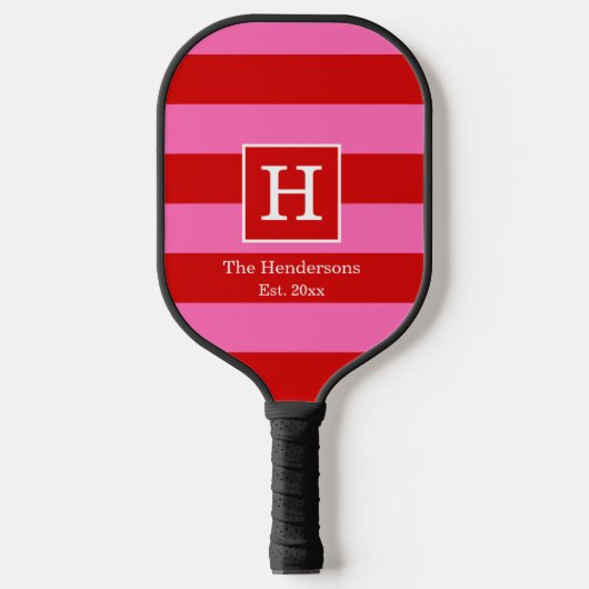 DIY BG Stripe Lijst Naam Monogram Red SV Hot Pink Pickleball Paddle (Voorkant)