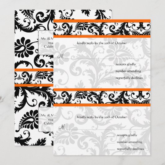 DIY Black Damask Sinaasappel RSVP Wedding Invitati Kaart (Voorkant / Achterkant)
