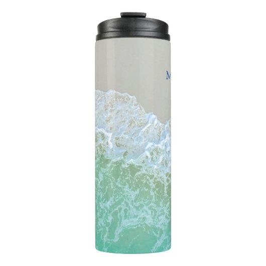 DIY Blauwgroen Monogram & Blauwe Naam, Zachte Ocea Thermosbeker (Voorkant)