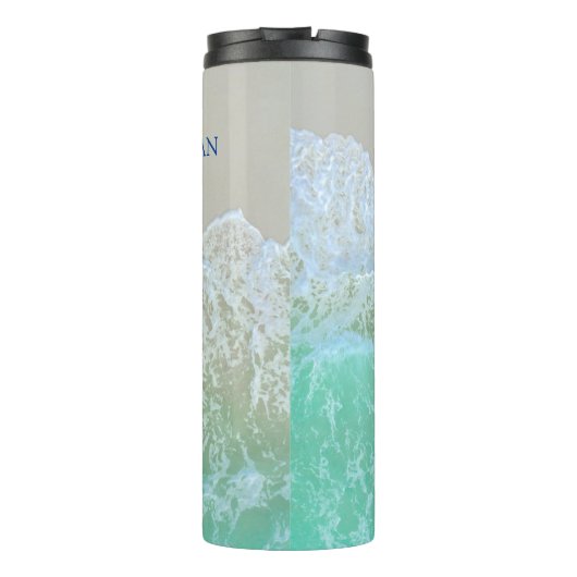 DIY Blauwgroen Monogram & Blauwe Naam, Zachte Ocea Thermosbeker (Achterkant)