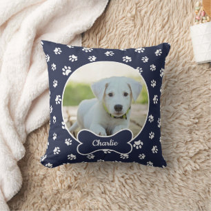 DIY Dog Photo Circle Name Bone White Paws Navy Kussen