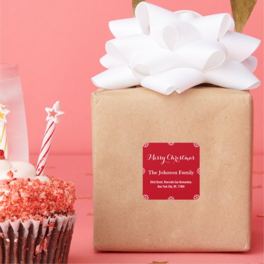 DIY Elegant Kerst Rood Wit Script Sneeuwvlokken Vierkante Sticker (Feest)