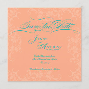 DIY Elegant Script Save the Date in Coral and Blau Kaart