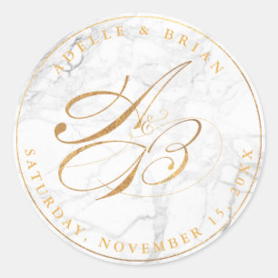 DIY Faux Gouden Kalligrafie Monogrammen/Wit Marmer Ronde Sticker