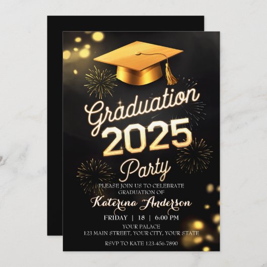 DIY Formal Dinner Afstuderen Zwart Goud Vuurwerk Kaart (Voorkant / Achterkant)