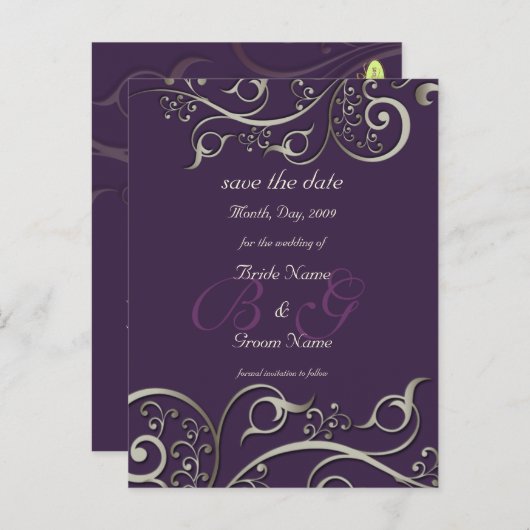 DIY kleur, save the date, monogram zilver wervelin Aankondigingskaart (Voorkant / Achterkant)