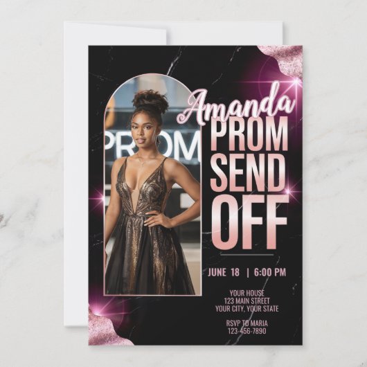 DIY Luxe Prom Stuur Off Zwart Roze Marmer Kaart (Voorkant)