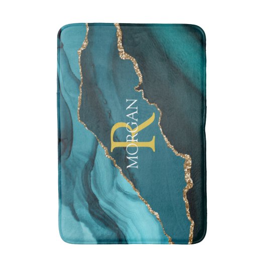 DIY Monogram/Naam Goud/Wit, Zwart/Blauwgroen Agaat Badmat (Voorkant Verticaal)