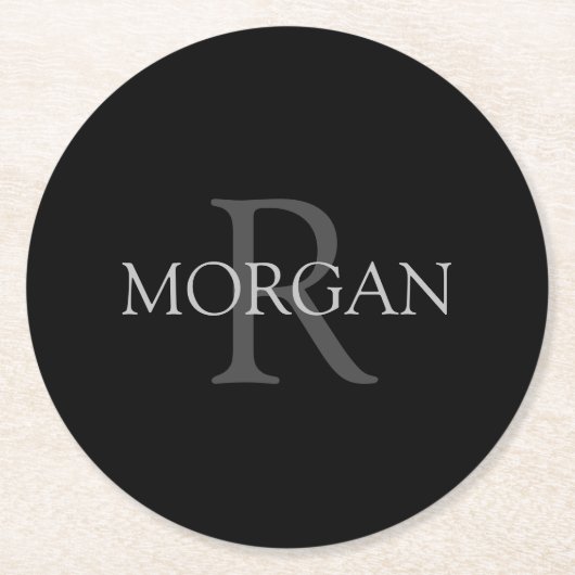 DIY Monogram & naam, Trendy Black met grijze tekst Ronde Kartonnen Onderzetter (Voorkant)