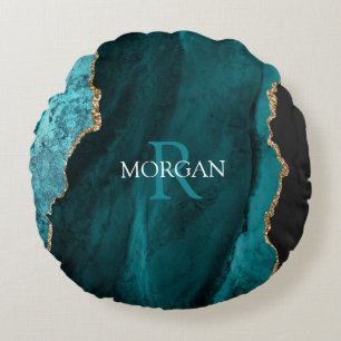 DIY Monogram & naam, zwart goud en Blauwgroen geti Rond Kussen