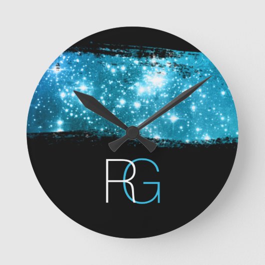 DIY Monogram Wit & Blauw, Stardust Brush Stroke Ronde Klok (Voorkant)