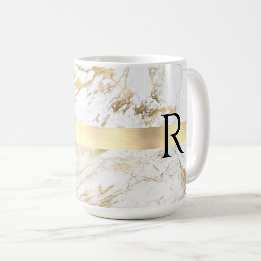 DIY Monogram Zwarte Tekst, Wit & Goud Marmer Koffiemok (Voorkant rechts)
