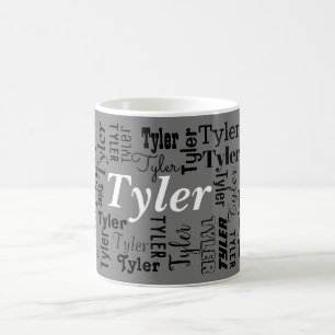 DIY-naam herhaalde vele malen zwart en wit op grij Koffiemok