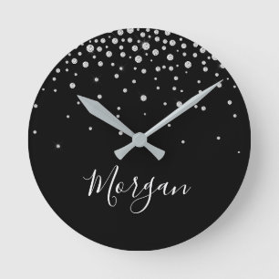 DIY Name White Script & White Diamonds, zwart Ronde Klok