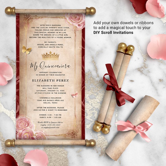 DIY Roos Gold Quinceanera Scroll Invitations (How will you present your DIY scrolls? There are so many creative possibilities!)