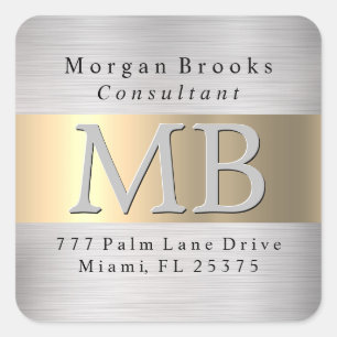 DIY Terugkeeradresetiket, Geborsteld Staal & Goud  Vierkante Sticker