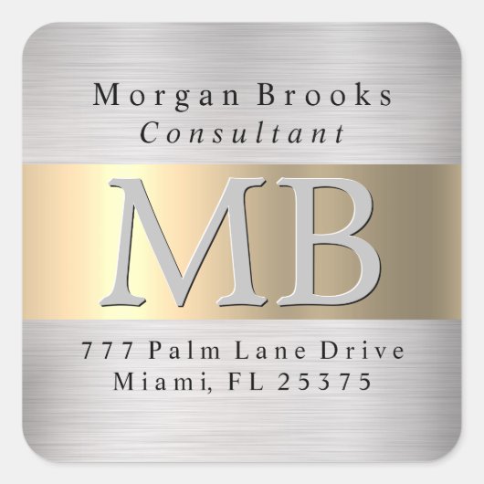 DIY Terugkeeradresetiket, Geborsteld Staal & Goud  Vierkante Sticker (Voorkant)