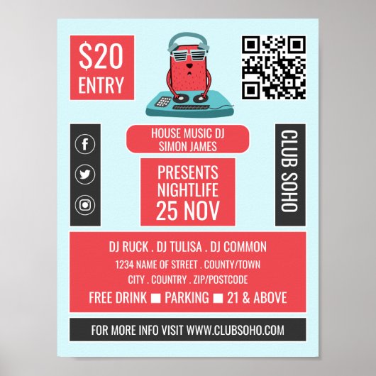 DJ bij de Deck Cartoon, Professionele DJ Advertere Poster (Voorkant)