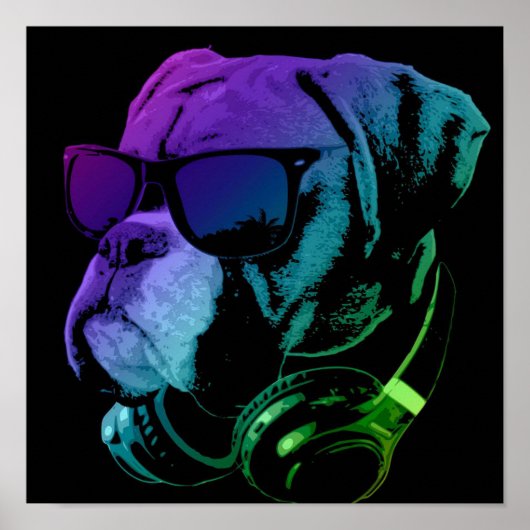 DJ Boxer Dog Wall Art | Speciaal cadeau Poster (Voorkant)