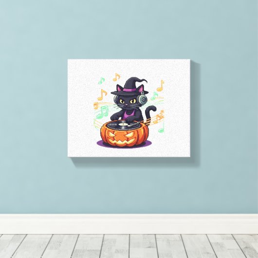 DJ Cat Halloween Oversized T-Shirt Canvas Afdruk (Insitu (Houten vloer))
