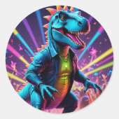 DJ Dinosaur Party Met Neon Lights Ronde Sticker (Voorkant)
