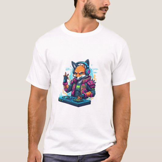 DJ Fox Cartoon Cool White Tshirt For Men | Adults (Voorkant)
