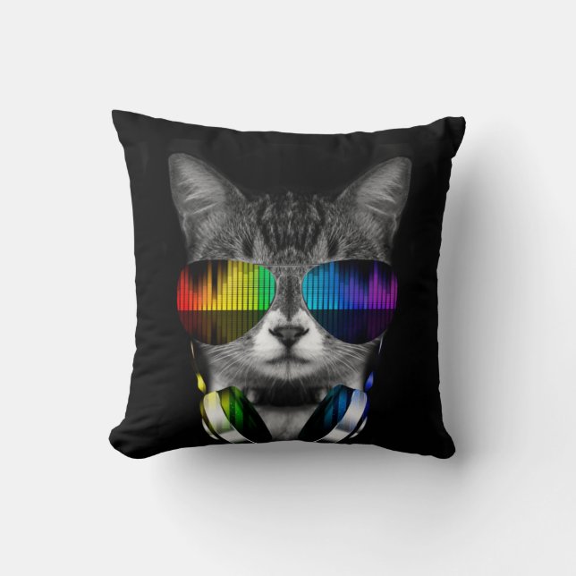 DJ-kat met zonnebrillen en koptelefoons Kussen (Voorkant)