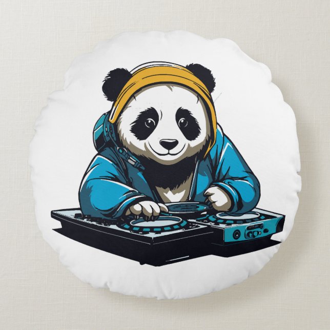 DJ Kawaii Panda Rond Kussen (Voorkant)