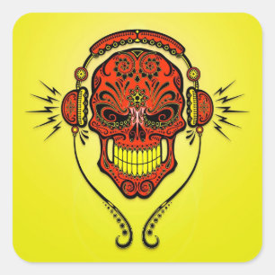 DJ Sugar Skull - Rood en geel Vierkante Sticker