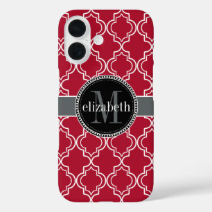 Dk Berry Red Black Moroccan Quatrefoil Monogram iPhone 16 Hoesje
