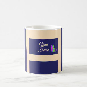 Dk Blauw + Crème Strepen Groene Kat Koffiemok