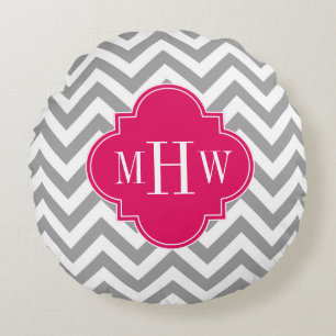 Dk Gray Lg Chevron Framboos Quatrefoil 3 Monogram Rond Kussen