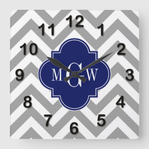 Dk Gray Lg Chevron Navy Quatrefoil 3 Monogram Vierkante Klok
