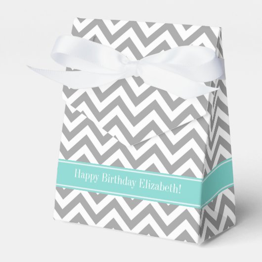 Dk Gray White LG Chevron Turquoise Name Monogram Bedankdoosjes (Voorkant Zijde)