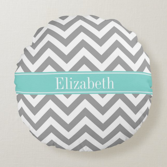 Dk Gray White LG Chevron Turquoise Name Monogram Rond Kussen (Voorkant)
