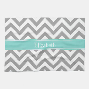 Dk Gray White LG Chevron Turquoise Name Monogram Theedoek
