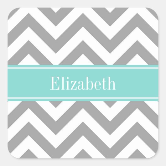 Dk Gray White LG Chevron Turquoise Name Monogram Vierkante Sticker (Voorkant)