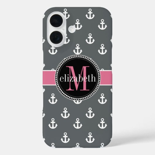 Dk Gray White Pink Ship Anchors Monogram Case-Mate iPhone Case (Achterkant)