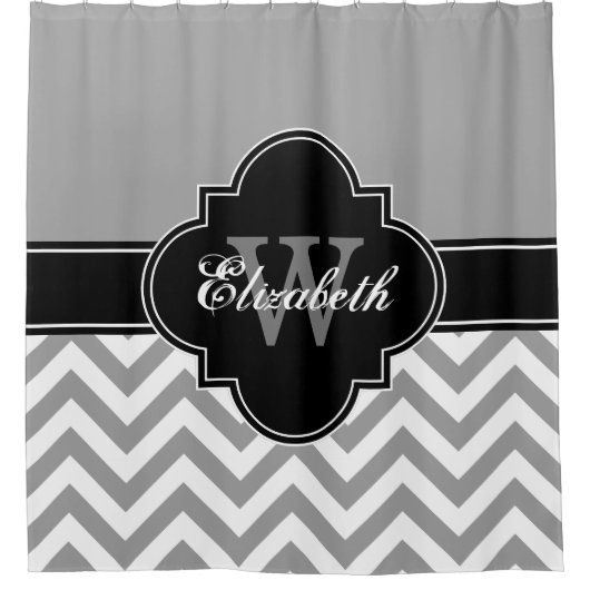 DK Grijs Wht LG Chevron Zwart 1ICBR Naam Monogram Douchegordijn (Voorkant)
