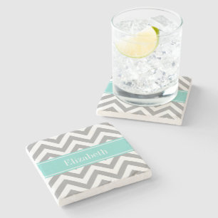 Dk Grijs Wit LG Chevron Turquoise Naam Monogram Stenen Onderzetter