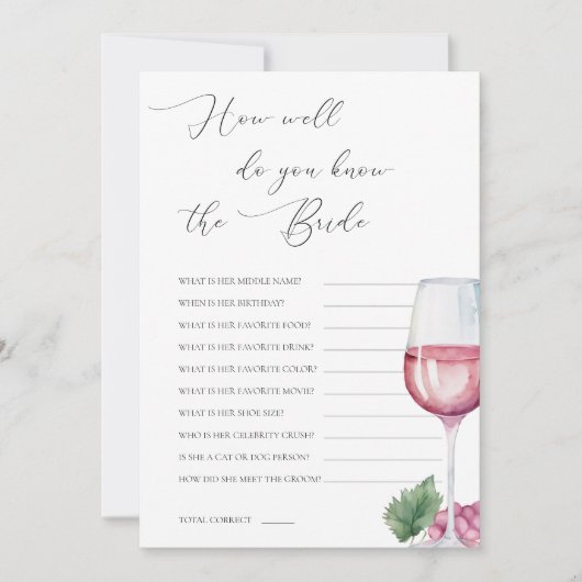Do You Know The Bride Vino before Vows Bridal Game Kaart (Voorkant)