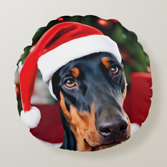 Doberman Christmas Rond Kussen (Voorkant)
