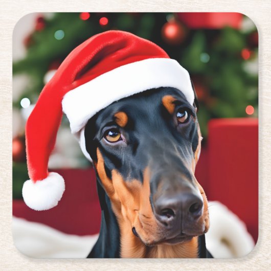 Doberman Christmas Vierkante Kartonnen Onderzetter (Voorkant)