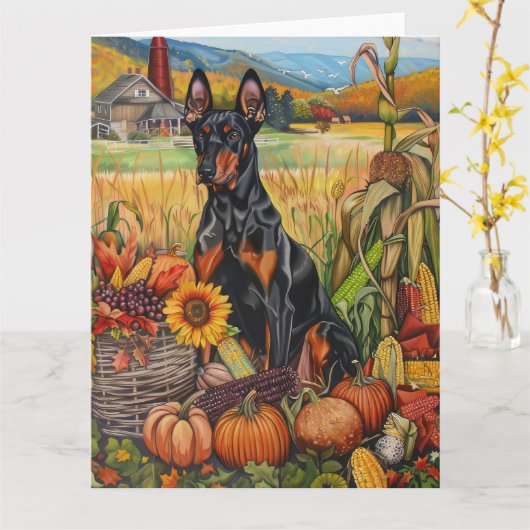 Doberman Dog Autumn Harvest Thanksgiving Kaart (Gele Bloem)