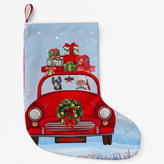 Doberman Dog in auto met kerstman Kleine Kerstsok (Voorkant)
