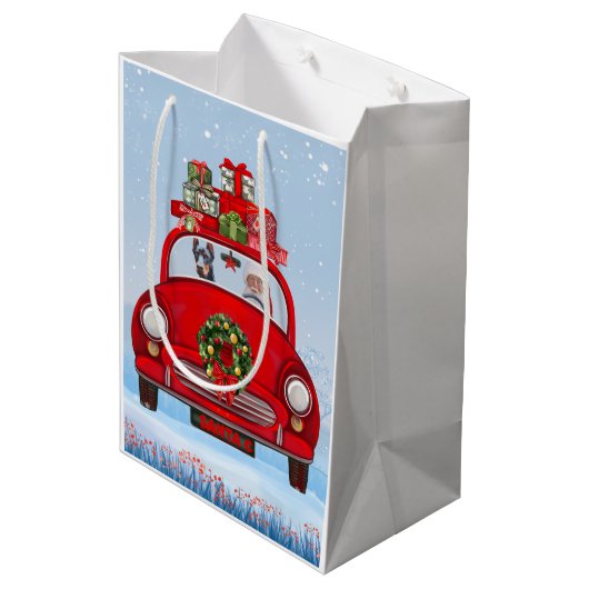 Doberman Dog in auto met kerstman Medium Cadeauzakje (Achterkant Gekanteld)