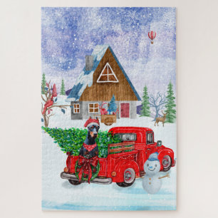 Doberman Dog in kerstcadeauwagen Legpuzzel