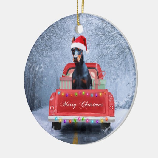 Doberman Dog in sneeuw, met Kerstmis Keramisch Ornament (Links)