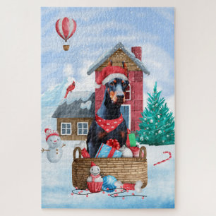 Doberman Dog in sneeuwkersthondenhuis Legpuzzel